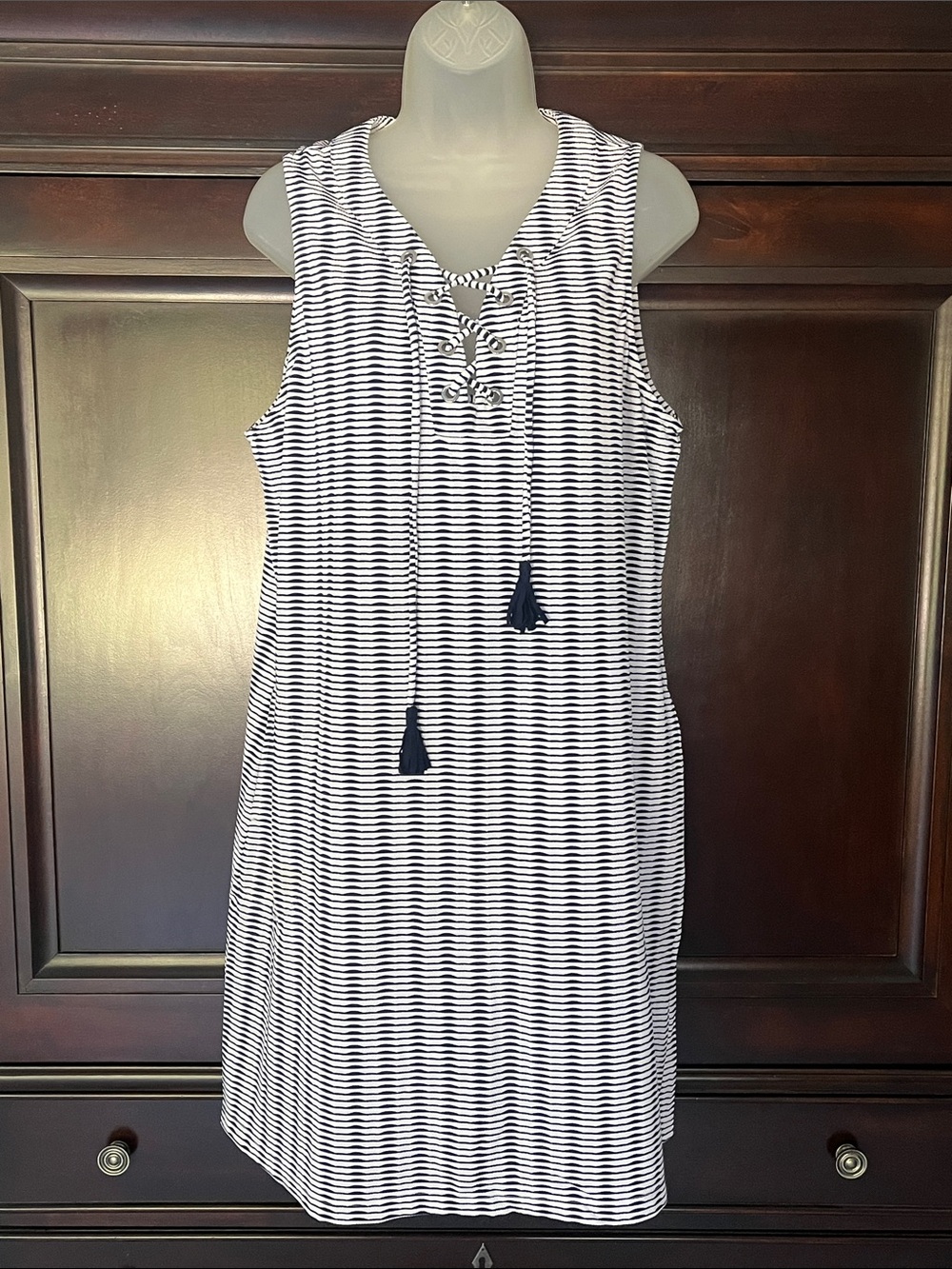 Tommy Bahama Navy and White Striped Lace-Up Sleeveless Shift Dress